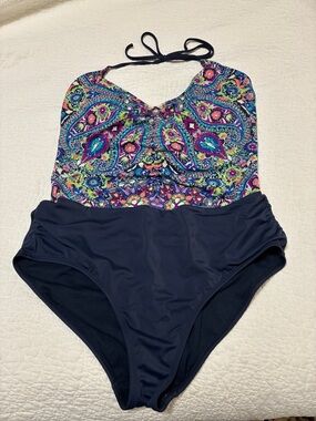 Athleta Navy One-Piece Swimsuit with Multicolor Paisley Bodice